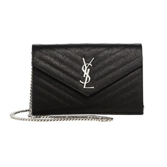 NEW SAINT LAURENT YSL BLACK SILVER LEATHER CHAIN WALLET WOC BAG AUTHENTIC BOX! - Picture 1 of 16